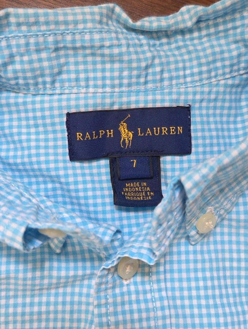 Ralph Lauren Boys Turquoise Short-Sleeve Gingham Cotton Button-Down Shirt Size 7